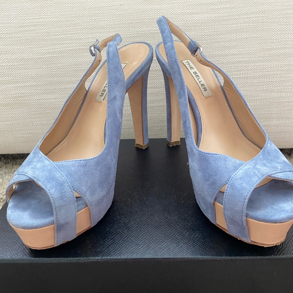 Blue suede platform slingback peep-toe pumps